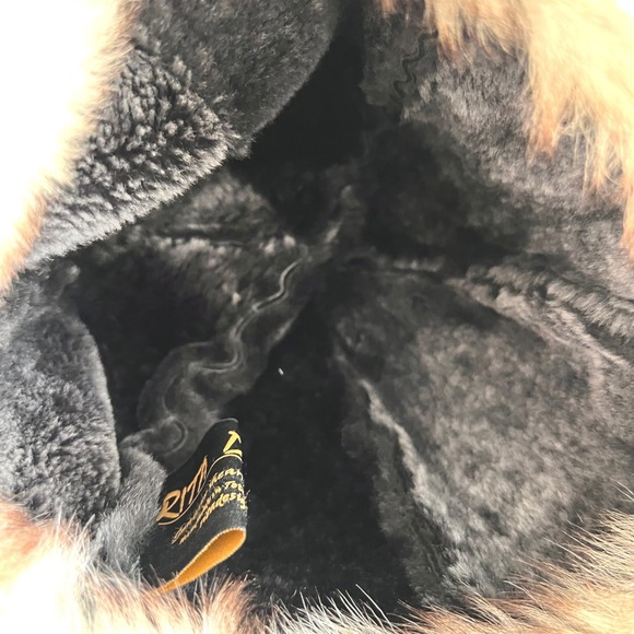 Rita Designs Genuine Shearling Leather Fur Trim Winter Hat Black Tan Handmade
